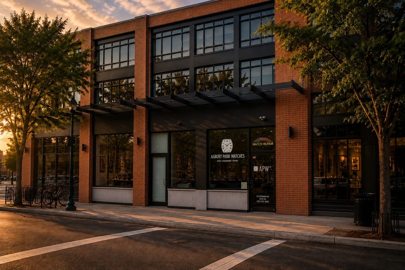 The Asbury Park Watches storefront at 511 Cookman Ave, Asbury Park, New Jersey, at golden hour
